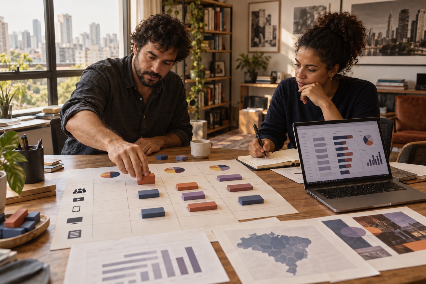 Estrategistas comparando cenários de investimento em uma agência