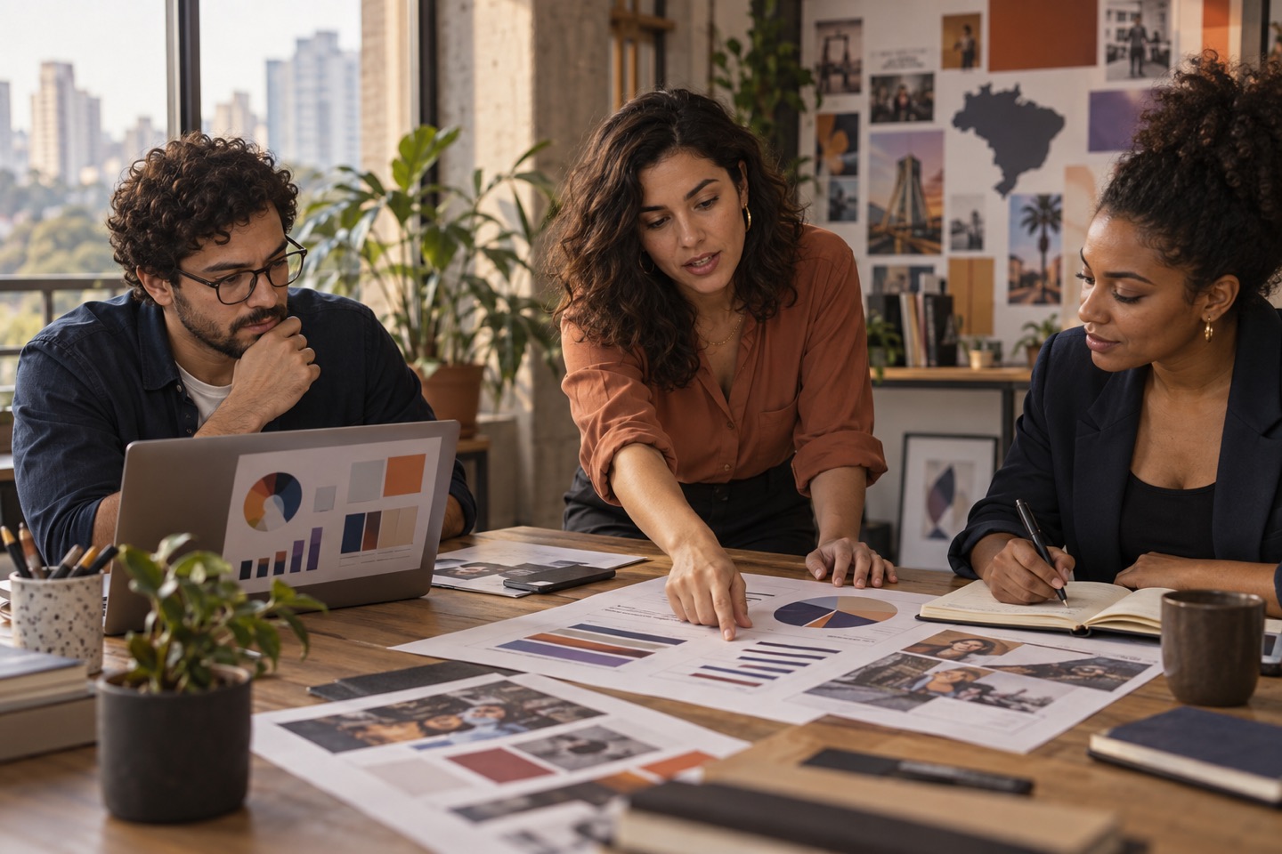 Equipe comparando canais, formatos e investimento de uma campanha
