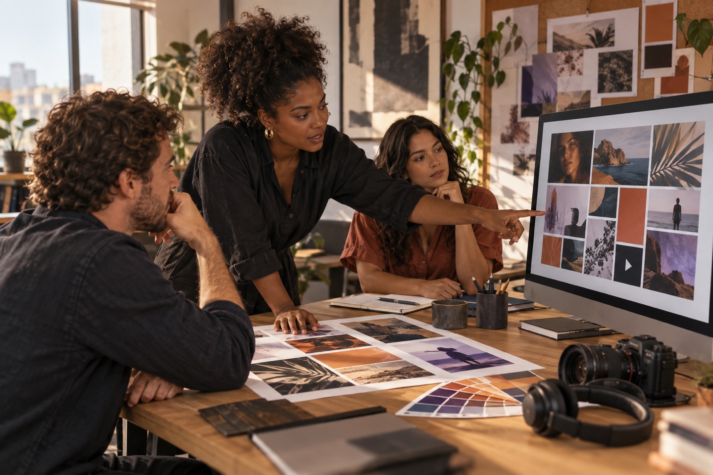 Equipe revisando imagens e variações criativas no Studio
